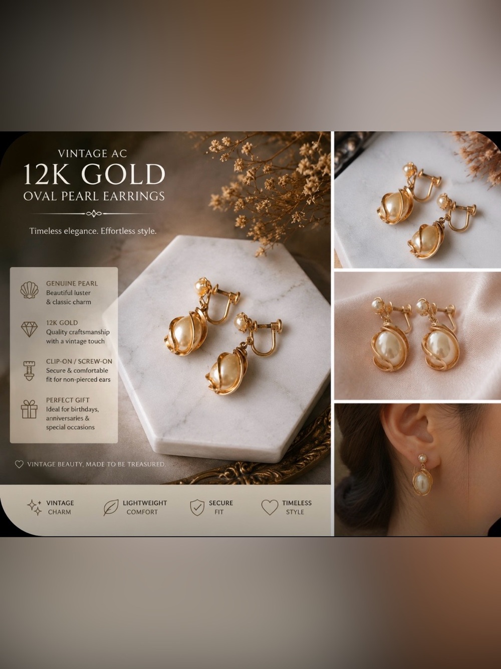 vintage AC 12k oval pearl clip-on/screw-on earrings